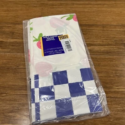 Paño de mesa vintage Hallmark picnic fresa azul papel a cuadros 54" x 89,2" nuevo en paquete Foto 1 de 4