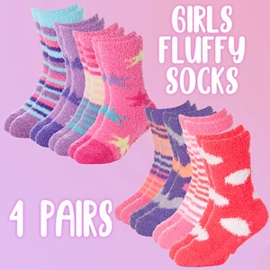 Kids Infant Girls Socks 4 Pairs Non Skid Anti Slip Grips Winter Warm Cosy Fluffy - Picture 1 of 11