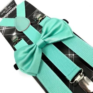 Aqua Teal Suspender and BowTie Set Wedding Formal Tuxedo Adults Men Women (USA) - Picture 1 of 3