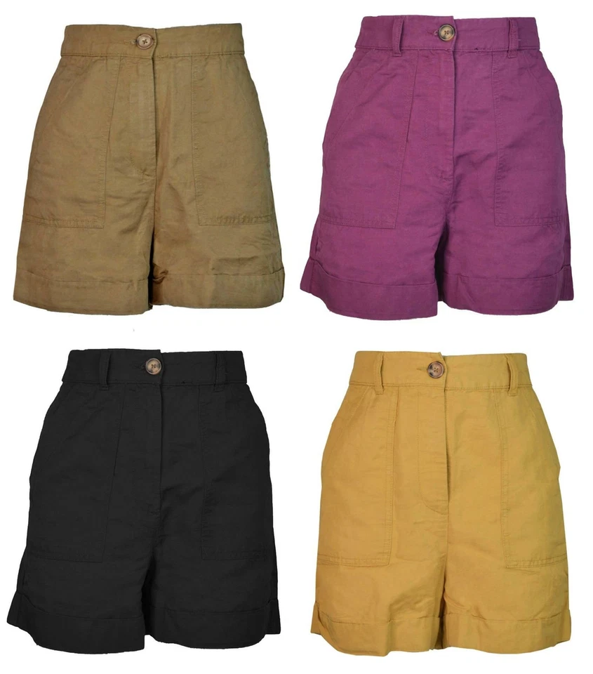 Linen Shorts Patch Pockets Soft Fabric Beach Casual Summer - Image 1 of 1