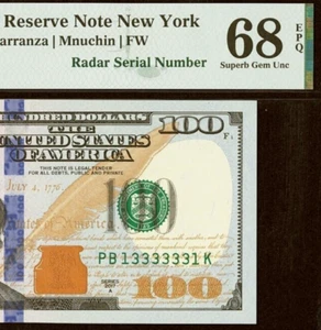2017A $100 Federal Reserve Note PMG 68EPQ - Super Radar Serial Number - 13333331 - Picture 1 of 3