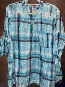 Catherines 2x Wp Womens Plus Aqua Plaid Zippered Neck Shirt Elbow Sleeve - Picture 1 of 8