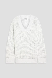 Brunello Cucinelli Damenpullover weiß offen Strick V-Ausschnitt Baumwolle Diamanten XL - Bild 1 von 2