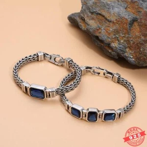 6MM Real 925 Sterling Silver Foxtail Braided Chain Blue Zircon Vintage Bracelet - Picture 1 of 10