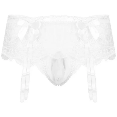 Porte-jarretelles homme string jupette blanc tulle dentelle transparent sexy - Photo 1/4