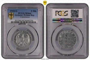 Germany Weimar 3 Mark 1922 G rare mint mark PCGS MS64 KM#29 legend around - Picture 1 of 1