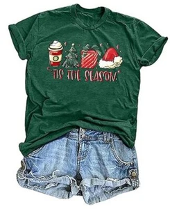 Christmas Shirt Women Tis The Season Christmas Tree T Shirt Latte Medium Green - Picture 1 of 7