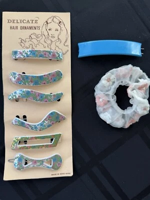 De Colección NOS 6 Correas de Pelo Groovy Floral Multicolor Clips Rosa Azul Años 70 + 2 Extra Foto 1 de 4