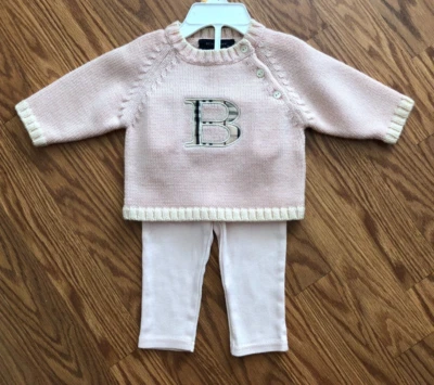 Conjunto de suéter pulôver logotipo malha lã pêssego/rosa Burberry tamanho 3 Mos. - Imagem 1 de 4