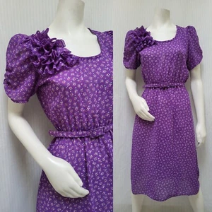 Vintage CHARLEE ALLISON Purple Floral Semi Sheer Dress with Belt - Size M - Picture 1 of 7