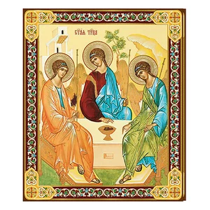 Holy Trinity Gold Foil Wooden Icon 3 inch, Gold foil Cross on the Back Side - Picture 1 of 2
