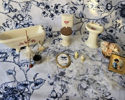 Vintage Victorian Dollhouse Bathroom Ceramic Set Toilet Sink Vanity -Accessories - Image 1 of 4