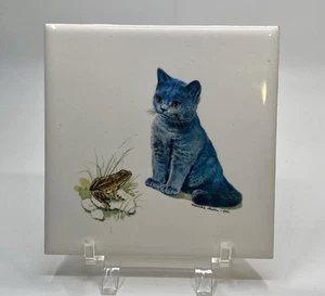 VTG Monika Heller-Cole Kitten / Cat And Frog Decorative Ceramic Tile - Picture 1 of 10