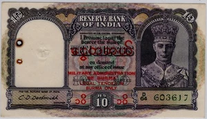 British BURMA KGVI, 10 Rupees [Over Print :- Military Administration] #p28. 1945 - Picture 1 of 2