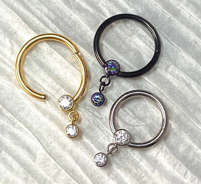 1pc Solid Titanium Gem Dangle Hinged Segment Ring Helix Septum Clicker - Image 1 of 4