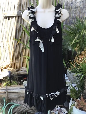 YOANA BARASCHIAnthropologie Black White Ruffle Trim Shift Silk Dress LBD 8 - Image 1 of 4