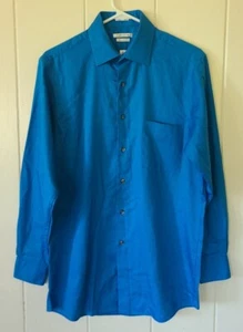 Van Heusen Mens Blue Button Down Shirt 15, 32-33" Regular Fit Lux Sateen - Picture 1 of 6