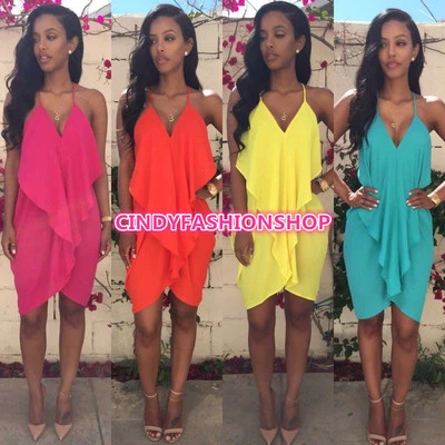 Sexy Women Lady Celeb Chiffon Draped Strap V Neck Backless Party Club Mini Dress - Image 1 of 2
