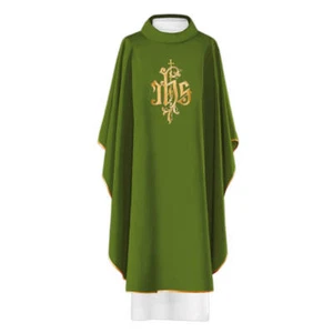 Vestimenta de casulla gótica católica bordada verde y estola con símbolo IHS - Imagen 1 de 3