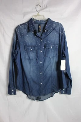 Camisa feminina Seven7 tamanho 14/16 azul denim cravejada luxo manga longa Western Snap - Imagem 1 de 4