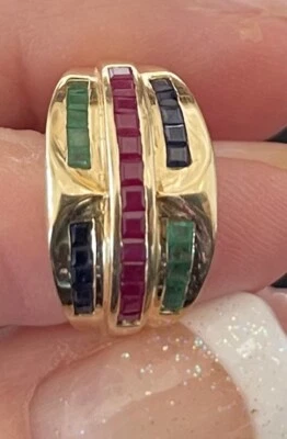 14kt 黄金红宝石翡翠蓝色蓝宝石戒指 尺寸 7.25 — 第 1/4 张图片