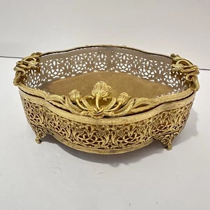 Vintage Schmuckkästchen verziert vergoldet Ormolu Messingoptik Glas filigran floral - Bild 1 von 14