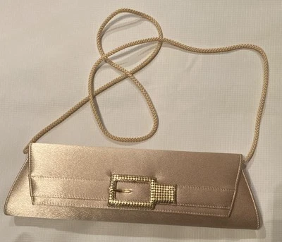 Carlo Fellini Gold Satin Evening Bag Clutch With Gold Mesh Buckle Decoration - Image 1 of 4