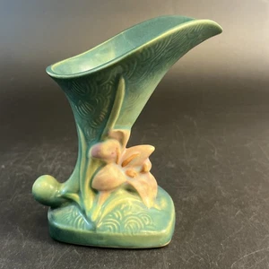 Vintage Roseville Keramik Zephyr Lilie grün rosa Füllhorn 8" Vase ISTZUSTAND - Bild 1 von 12