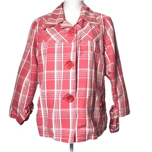Women’s Size Large Point Zero Nicole Benisti Pink Plaid Spring Blazer Jacket - Picture 1 of 12