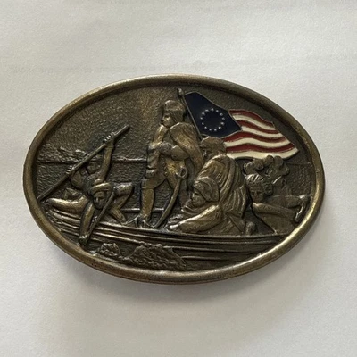 Vintage Brass Belt Buckle George Washington Crossing the Delaware w/ enamel flag - Image 1 of 4