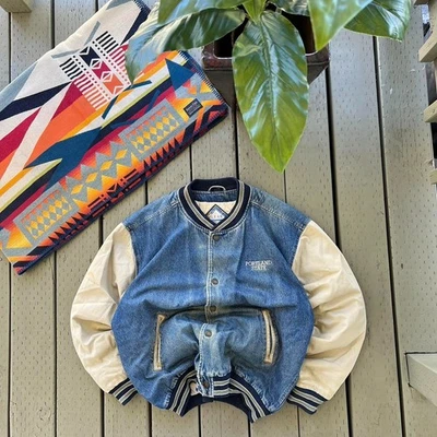 Vintage Portland state Denim Jacket XL 90s Bomber Quilt Lined Blue - Image 1 of 4