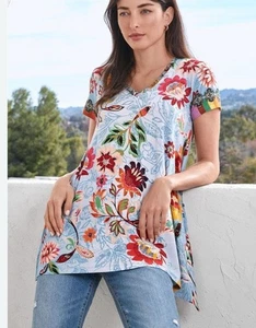 Johnny Was Rainbow Floral Drape Tunic Size L Boho Relaxed V Neck Stretch Tropic - Picture 1 of 8