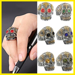 Mens Biker Stainless Steel Gothic Punk Cross Skull Ring Crystal Rhinestone Eyes - Picture 1 of 27