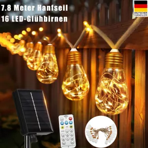 16 LED Solar-Lichterkette Hanfseil Hänge Leuchte Außen Garten Glühbirne Deko - Bild 1 von 17