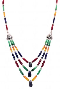 Emerald Ruby Sapphire Gemstone Faceted Beads Necklace With Silver Elements - Picture 1 of 6