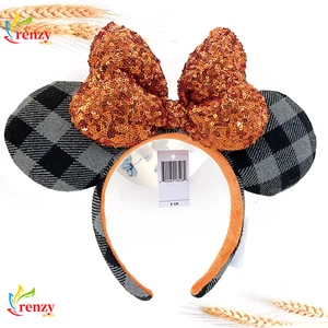 Minnie Mouse Ears Orange Bow Sequin Halloween Plaid Disney Parks Headband - Picture 1 of 8