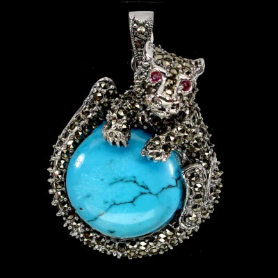 Pingente de prata esterlina 925 redondo turquesa 22 mm joias de pedra preciosa marcasita 🐯 - Imagem 1 de 4