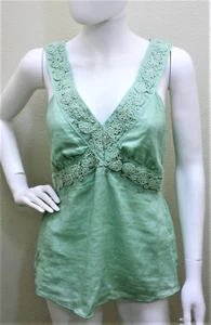 STUDIO M CECILIA SAGE GREEN LINEN EMBROIDERED TOP SLEEVELESS BLOUSE L NEW - Picture 1 of 7