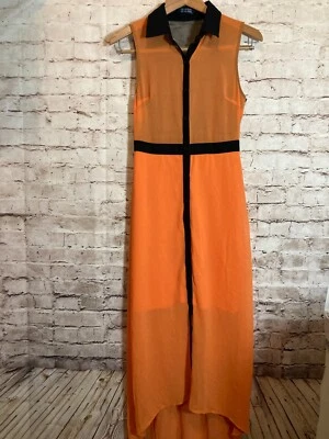 Wish Shirt Dress Womens Small Bright Orange & Black Sheer Bodice Hi Low Flowy - Image 1 of 4