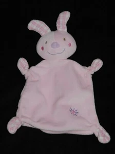 Doudou plat lapin rose C&A BABY CLUB fleur + nez mauve oreilles carreaux blanc  - Picture 1 of 2