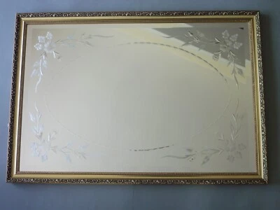 Vintage Gold Rectangle Wall Mirror: XL Etched Cut Floral Oval Portrait/Landscape - Image 1 of 4