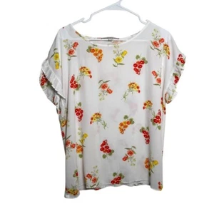 Loft Bluse Damen Medium Blumen Kurzarm Rüschen Rundhals Artsy Top - Bild 1 von 9