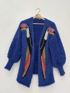 Farm Rio Cardigan S Toucan Bird Jumper Oversized Bohemian Electric Blue Furry - Picture 1 of 10