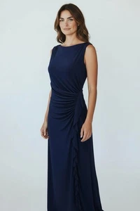 Ralph Lauren Evening Gown Maxi Dress Sleeveless Ruffle Blue Ruched Stretch 14 - Picture 1 of 7