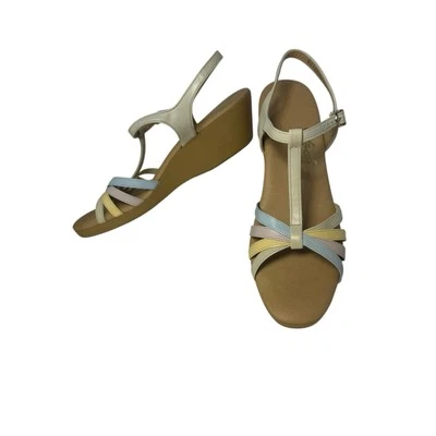 Sandalias YoYos vintage años 70 con tiras hippie groovy tacón de cuña cuero pastel 8,5 Foto 1 de 4