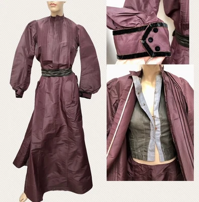 VICTORIAN 1900s BORDEAUX WINE SILK TAFFETA 2Pc Pleated Bodice Velvet Trim DRESS - Image 1 of 4