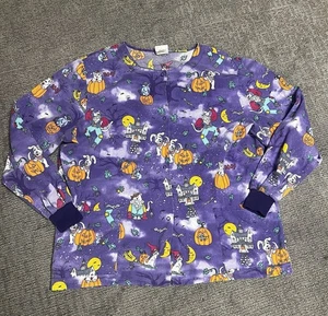 Simply basic button up long sleeve scrub top XL Halloween dog cat owl purple - Picture 1 of 6