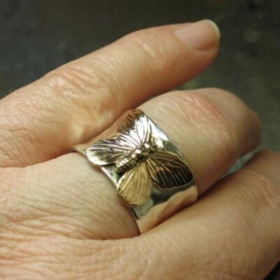 Huge Wide Solid Sterling Silver Hammered Wedding Band Handmade Butterfly Jewelry - Image 1 of 4