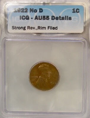 1922 LINCOLN WHEAT CENT/PENNY NO D STRONG REVERSE RARE ICG AU 55 DETAIL FILE RIM - Image 1 of 2