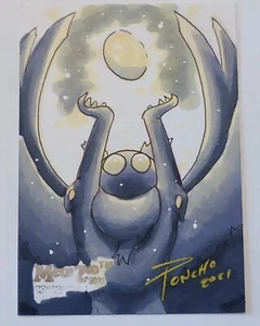 Tarjeta de boceto firmada por artista Poncho Metazoo Collect A Con 1/1 Mothman estampado dorado - Imagen 1 de 6